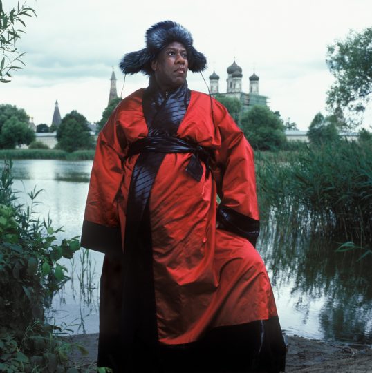 Andre Leon Talley, Vogue magazine's editor at large on his visit to Russia. This picture was taken in front of Volokolamski Monastery, Moscow Region. Andre Leon Talley's outfit consists of kimono by Christian Dior Haute Couture and fur hat by Prada.